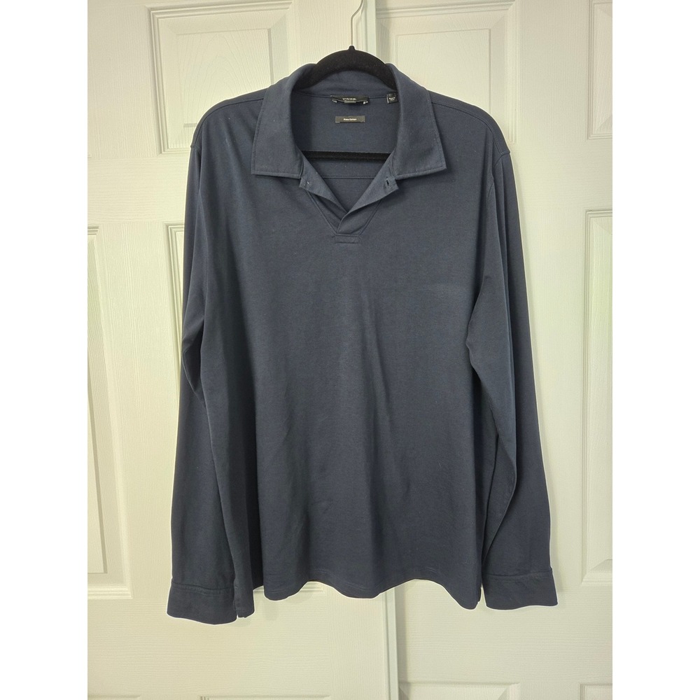 Vince Mens XL Navy Blue Pima Cotton Long Sleeve Polo Shirt Hidden Button Placket